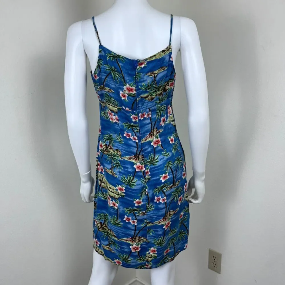 Vintage Women Size M Blue Floral Tropical Hawaiian Novelty Y2K Mini Slip Dress